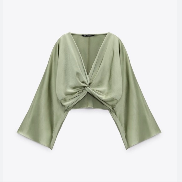 Zara Green Satin Bell Sleeve Crop Blouse with Tie Front - Picture 1 of 6